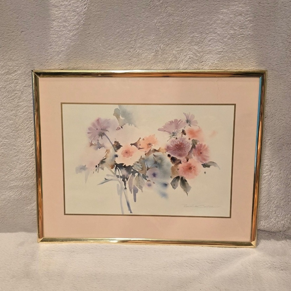 Rosalind Oesterle Floral Watercolor Print Signed Gold Framed Pink Matting Art